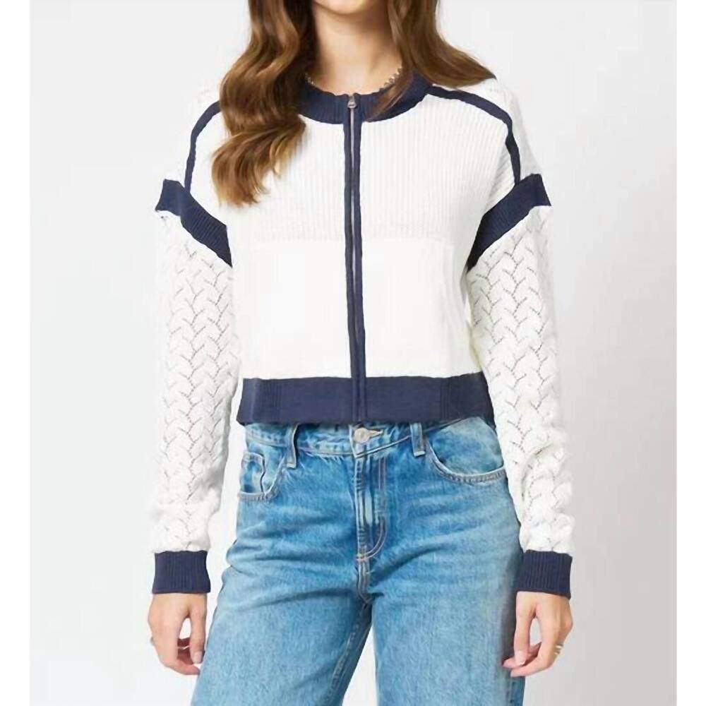 NEW CENTRAL PARK WEST brooklyn collarless sweater bomber jacket in ivory and nav